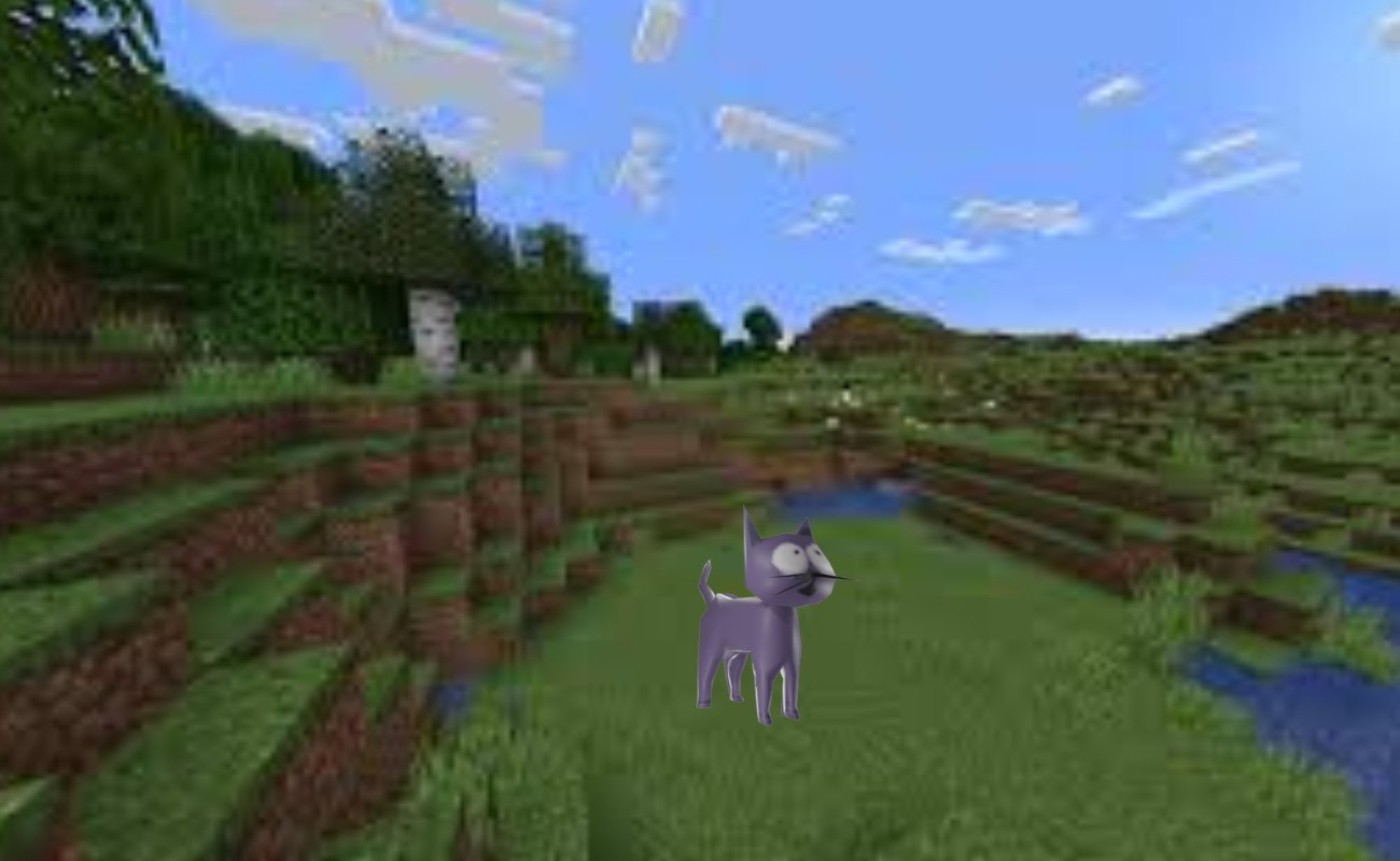 Mr Ketty standing in another blocky voxel landscape at dusk