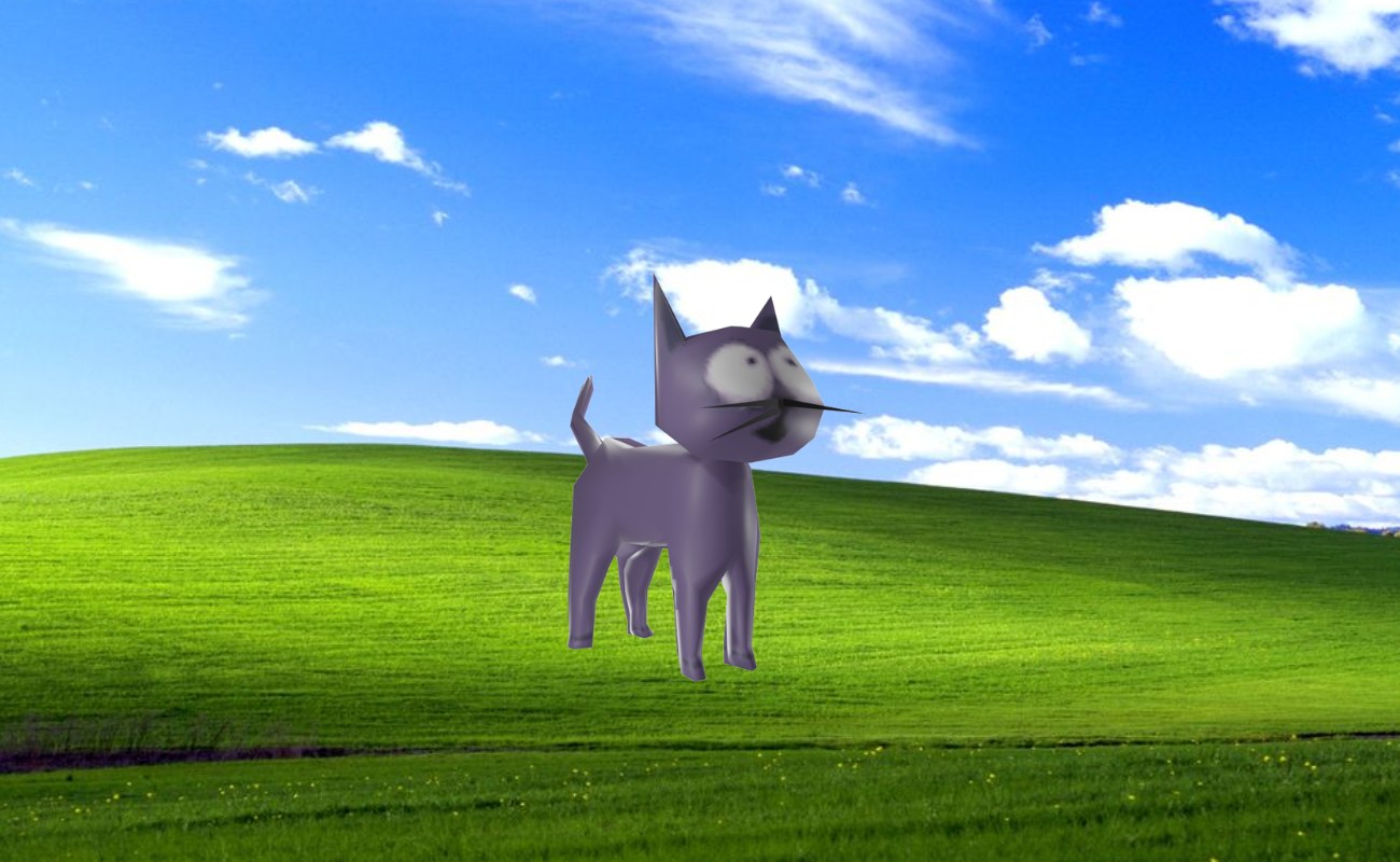 Mr Ketty standing in a green hill landscape resembling the Windows XP default wallpaper